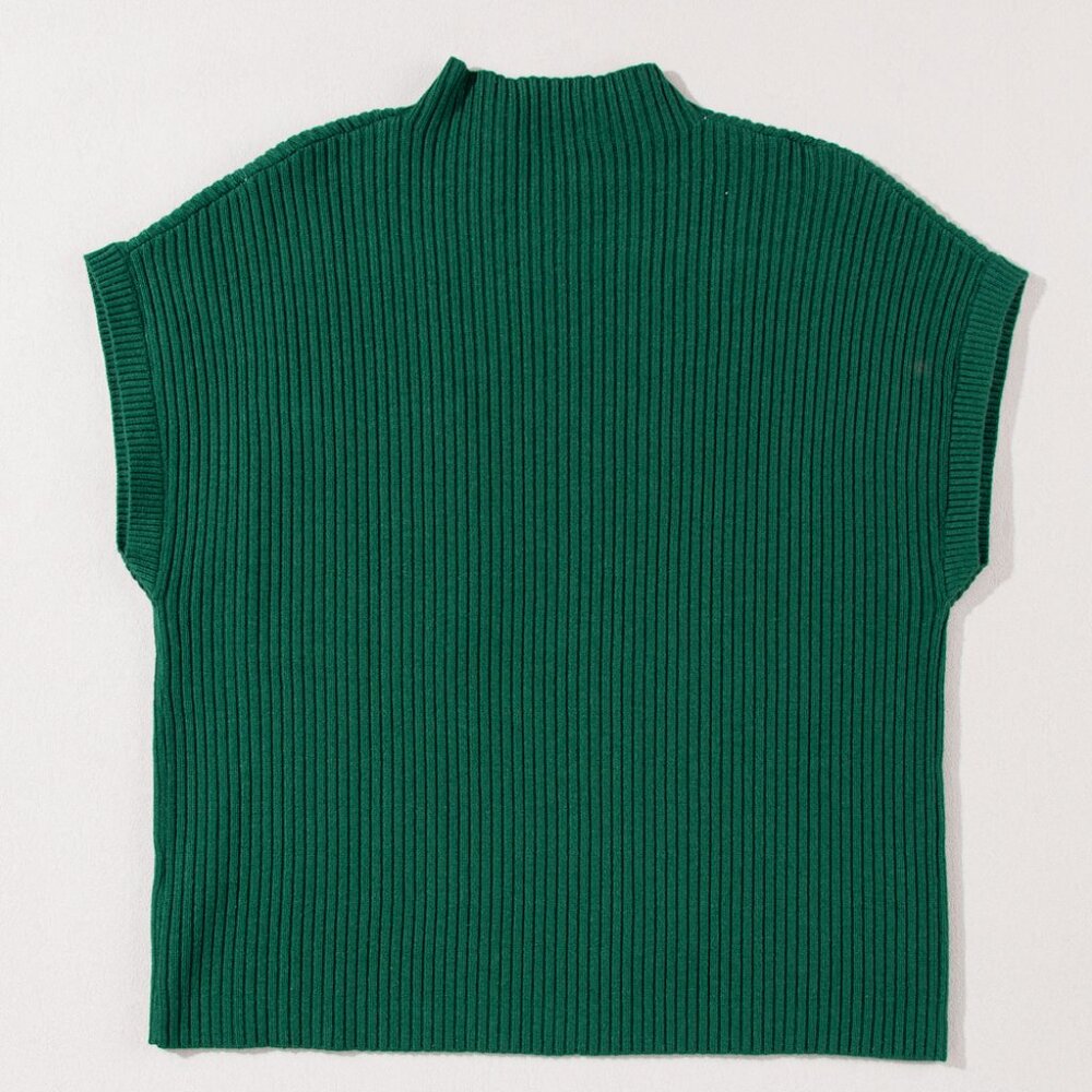 B305 Green Patch Pocket Ribbed Knit Short Sleeve Sweater - Picture 6 of 6